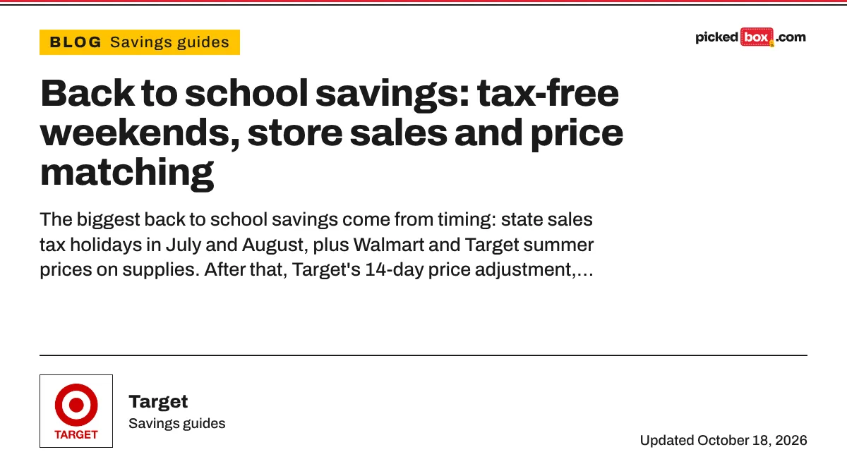 Back to school savings: tax-free weekends, store sales and price matching. Target savings plate, updated October 18, 2026.