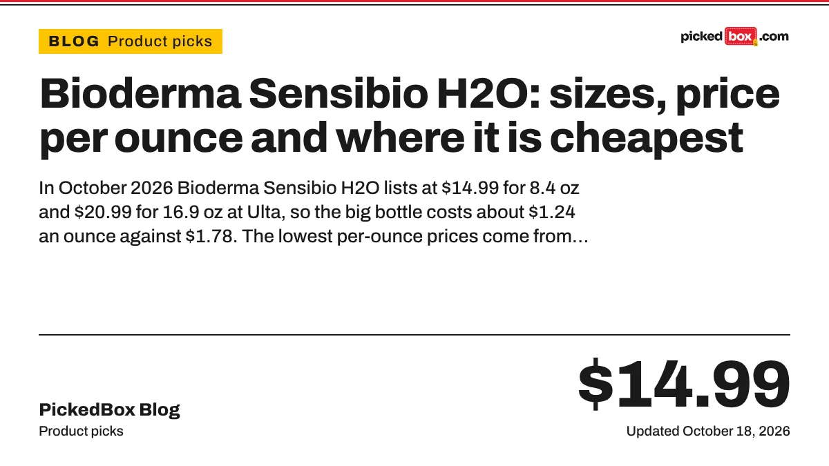 Bioderma Sensibio H2O: sizes, price per ounce and where it is cheapest. PickedBox guide plate, updated October 18, 2026.