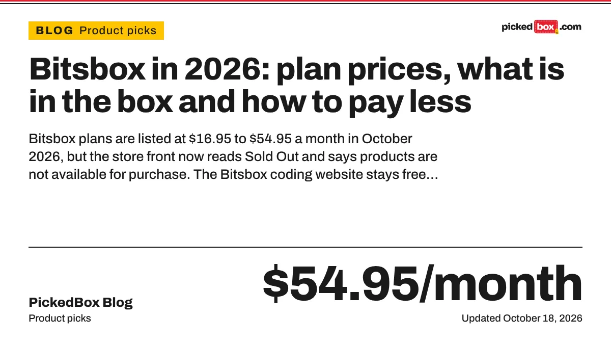 Bitsbox in 2026: plan prices, what is in the box and how to pay less. PickedBox guide plate, updated October 18, 2026.