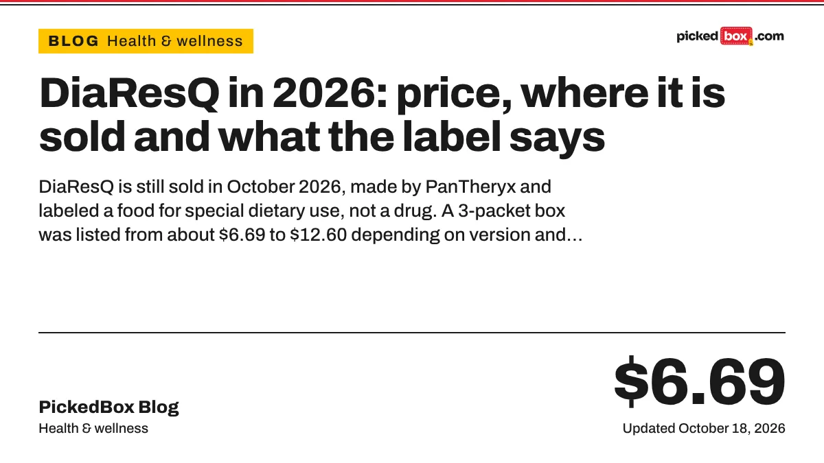 DiaResQ in 2026: price, where it is sold and what the label says. PickedBox guide plate, updated October 18, 2026.