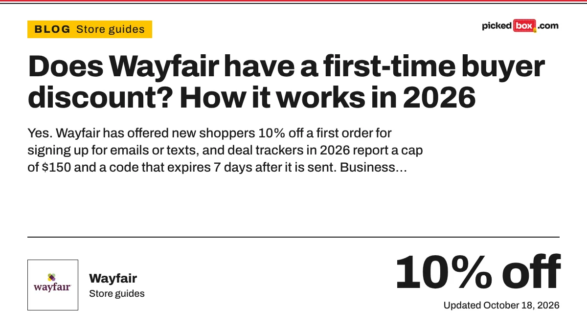 Does Wayfair have a first-time buyer discount? How it works in 2026. Wayfair savings plate, updated October 18, 2026.