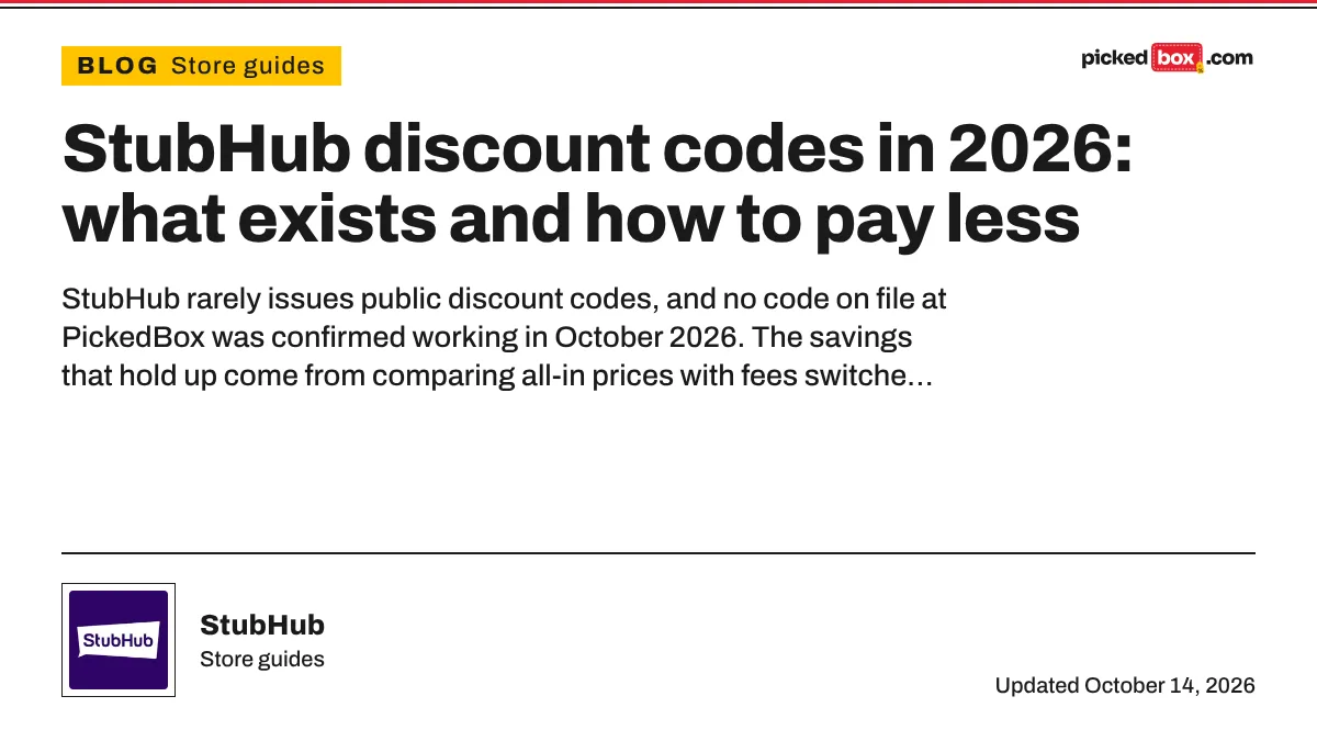 StubHub discount codes in 2026: what exists and how to pay less. StubHub savings plate, updated October 14, 2026.
