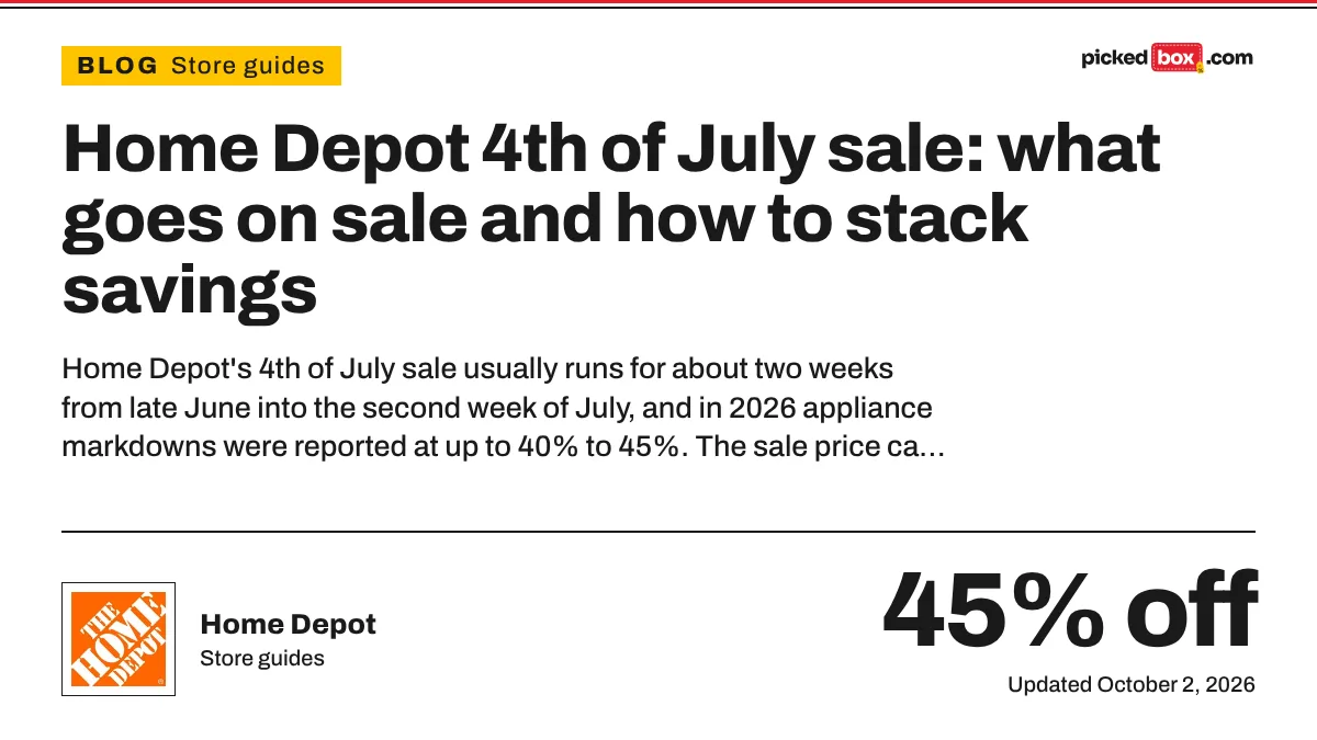 Home Depot 4th of July sale: what goes on sale and how to stack savings. Home Depot savings plate, updated October 2, 2026.