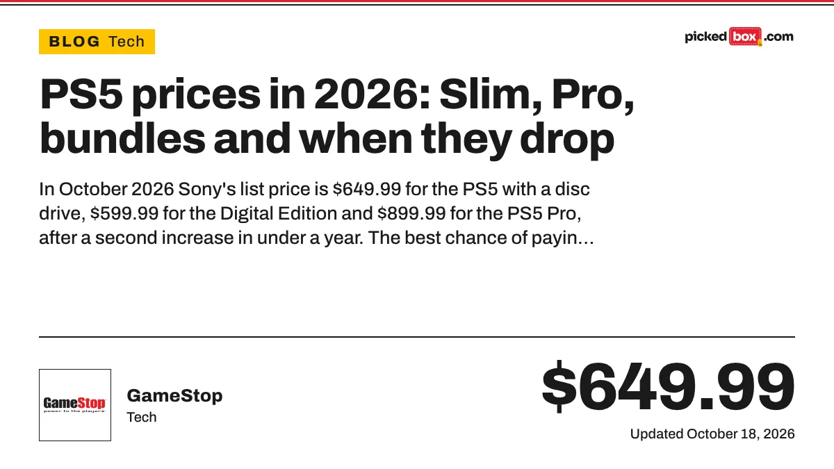 PS5 prices in 2026: Slim, Pro, bundles and when they drop. GameStop savings plate, updated October 18, 2026.