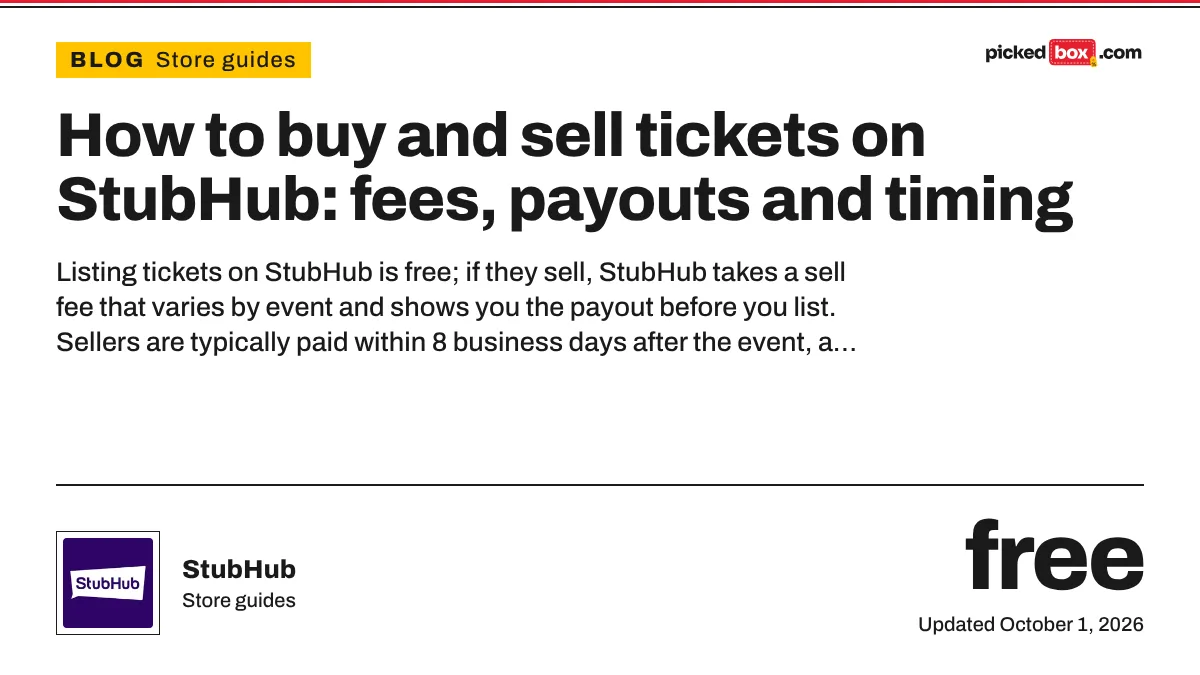 How to buy and sell tickets on StubHub: fees, payouts and timing. StubHub savings plate, updated October 1, 2026.