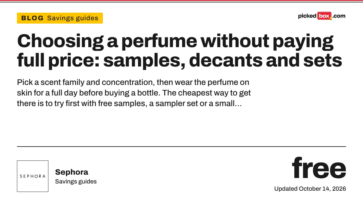Choosing a perfume without paying full price: samples, decants and sets. Sephora savings plate, updated October 14, 2026.
