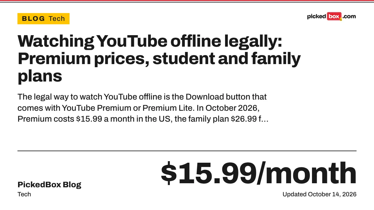 Watching YouTube offline legally: Premium prices, student and family plans. PickedBox guide plate, updated October 14, 2026.