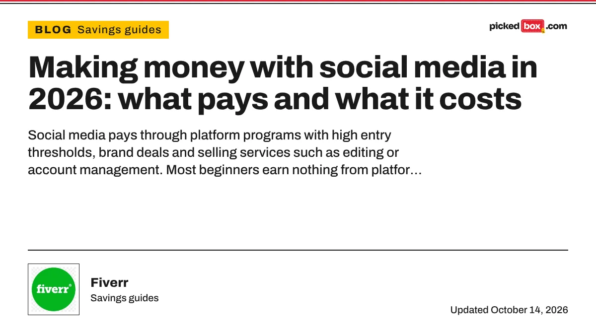 Making money with social media in 2026: what pays and what it costs. Fiverr savings plate, updated October 14, 2026.