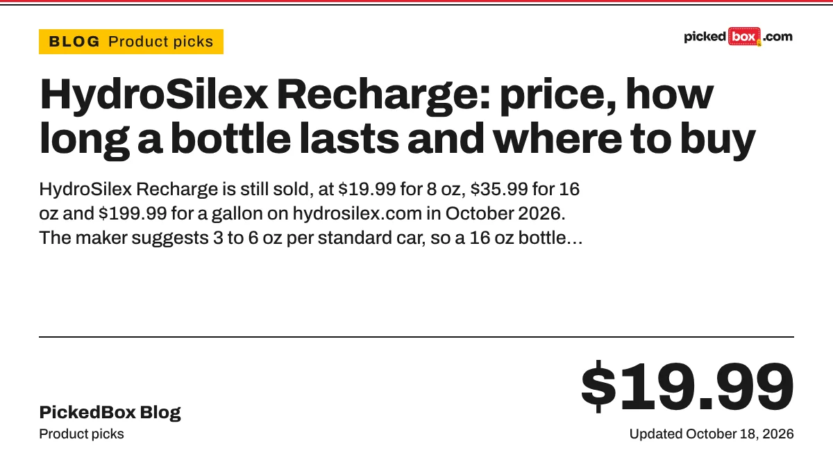 HydroSilex Recharge: price, how long a bottle lasts and where to buy. PickedBox guide plate, updated October 18, 2026.