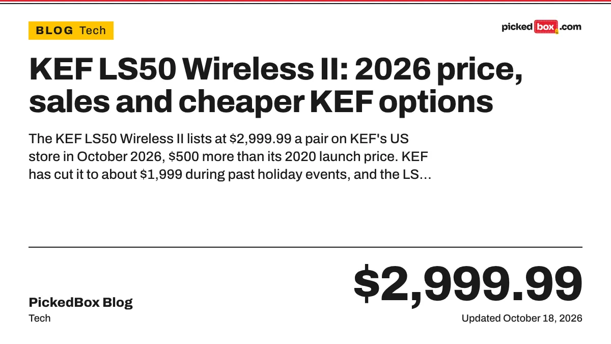 KEF LS50 Wireless II: 2026 price, sales and cheaper KEF options. PickedBox guide plate, updated October 18, 2026.