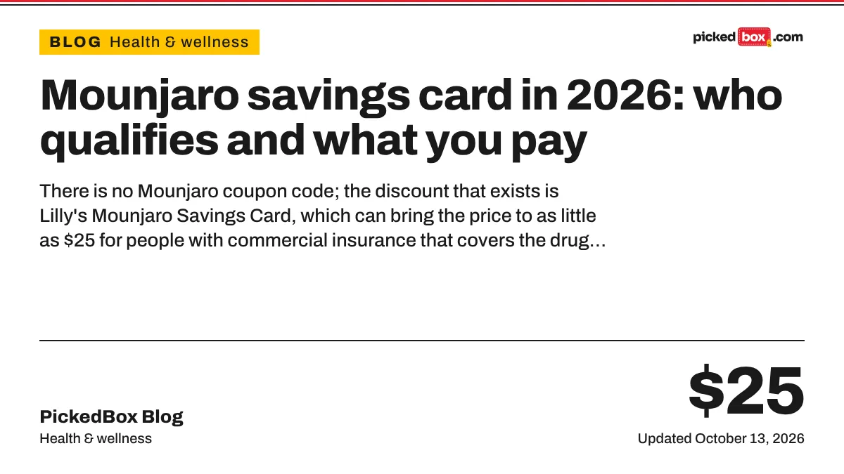 Mounjaro savings card in 2026: who qualifies and what you pay. PickedBox guide plate, updated October 13, 2026.