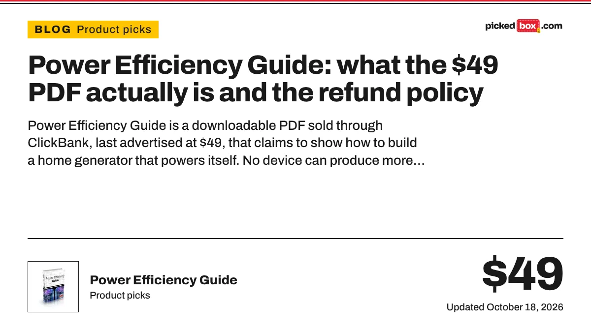 Power Efficiency Guide: what the $49 PDF actually is and the refund policy. Power Efficiency Guide savings plate, updated October 18, 2026.