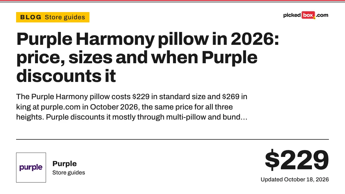 Purple Harmony pillow in 2026: price, sizes and when Purple discounts it. Purple savings plate, updated October 18, 2026.