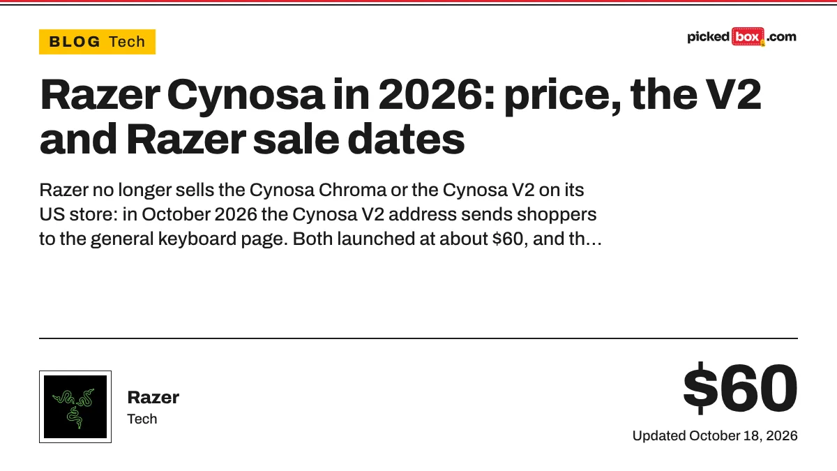 Razer Cynosa in 2026: price, the V2 and Razer sale dates. Razer savings plate, updated October 18, 2026.