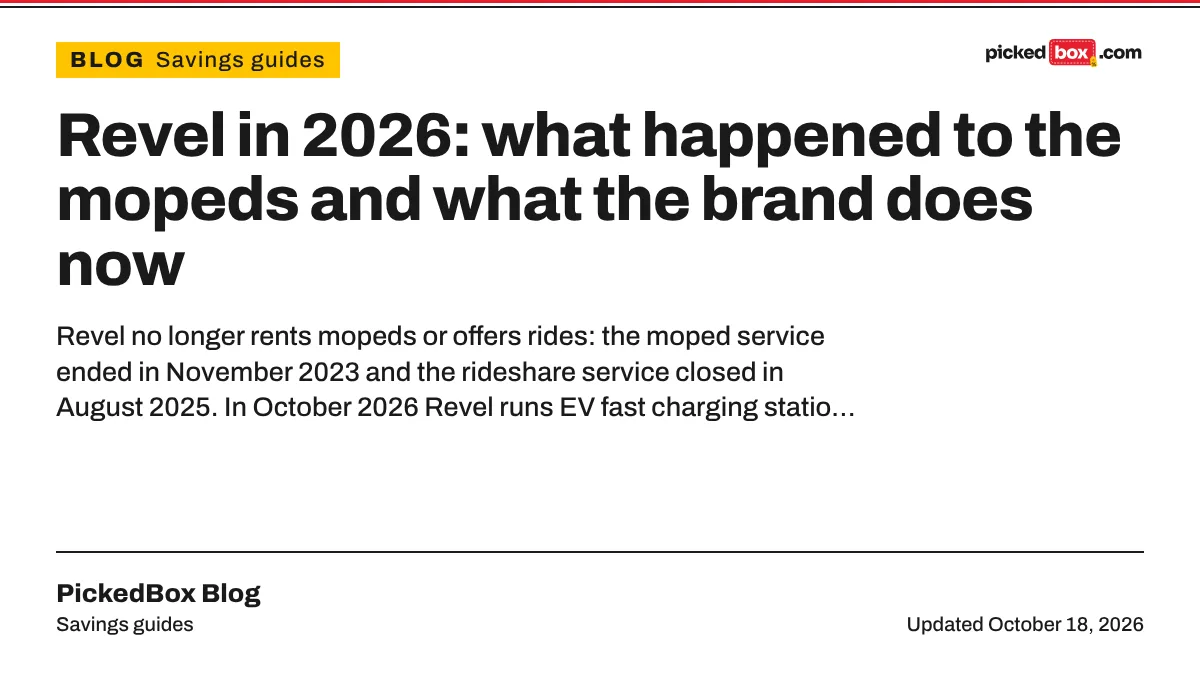 Revel in 2026: what happened to the mopeds and what the brand does now. PickedBox guide plate, updated October 18, 2026.
