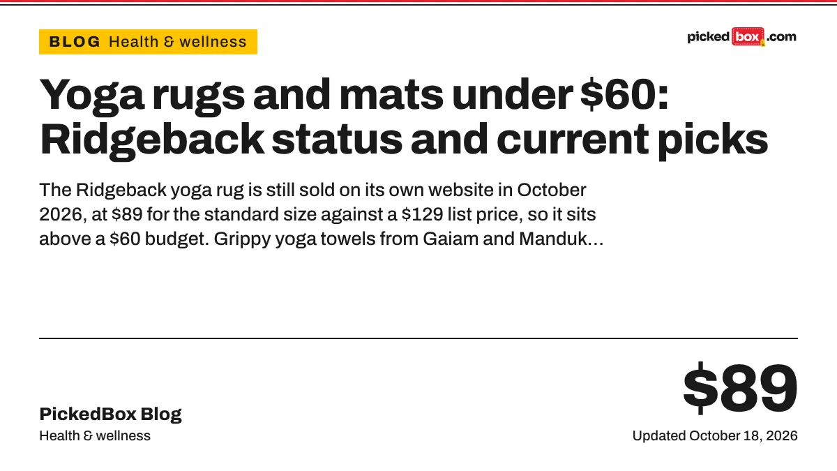 Yoga rugs and mats under $60: Ridgeback status and current picks. PickedBox guide plate, updated October 18, 2026.