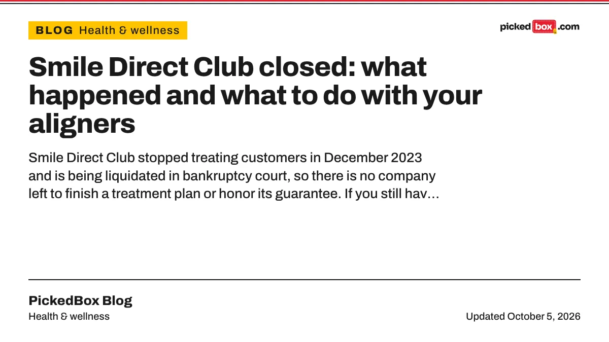 Smile Direct Club closed: what happened and what to do with your aligners. PickedBox guide plate, updated October 5, 2026.