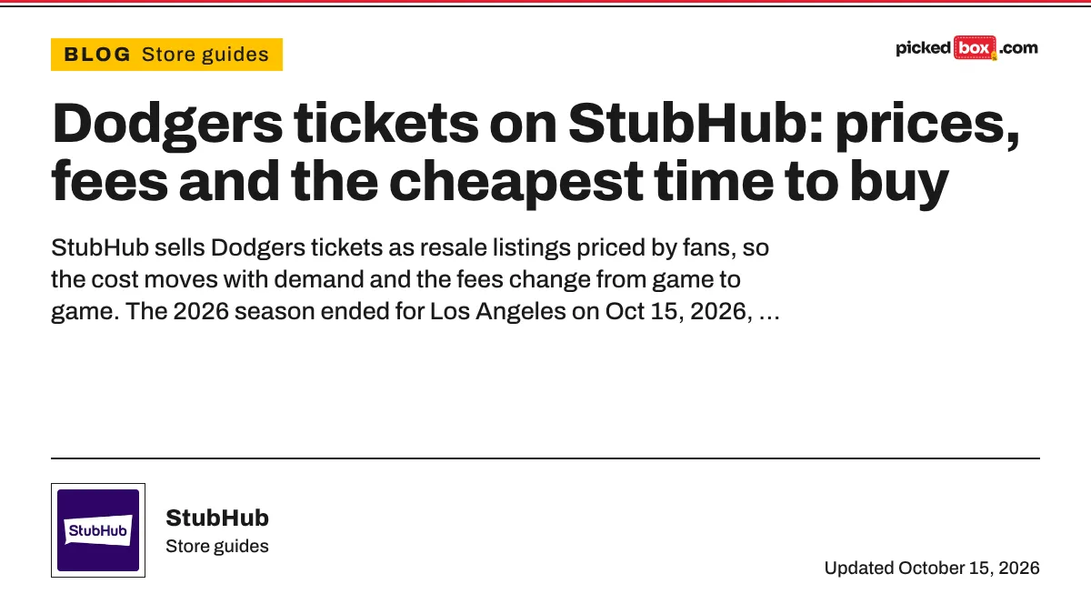 Dodgers tickets on StubHub: prices, fees and the cheapest time to buy. StubHub savings plate, updated October 15, 2026.