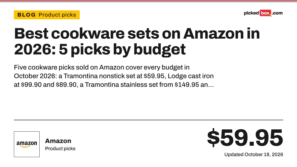 Best cookware sets on Amazon in 2026: 5 picks by budget. Amazon savings plate, updated October 18, 2026.