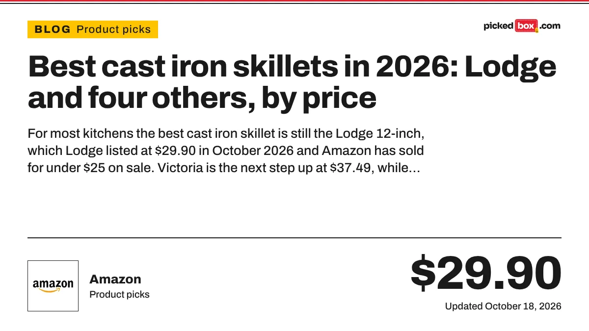 Best cast iron skillets in 2026: Lodge and four others, by price. Amazon savings plate, updated October 18, 2026.