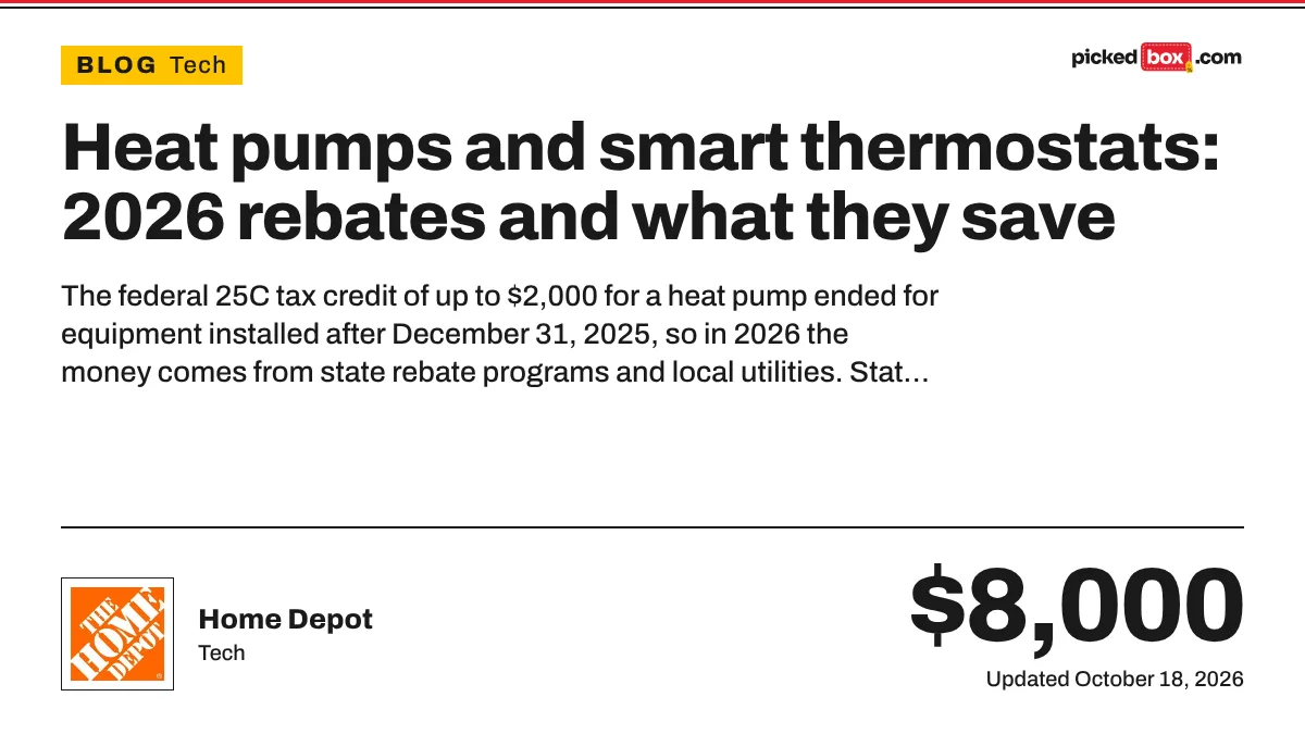 Heat pumps and smart thermostats: 2026 rebates and what they save. Home Depot savings plate, updated October 18, 2026.