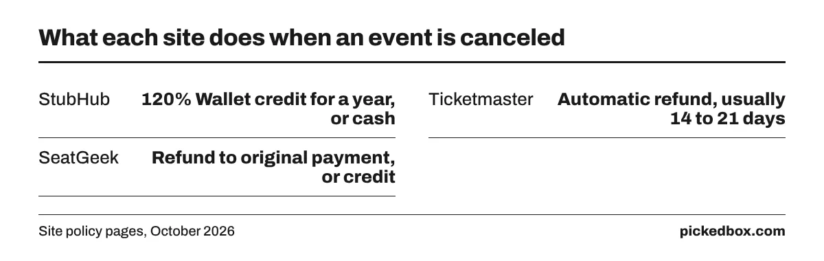 Canceled event policies: StubHub gives 120% Wallet credit for a year or cash, Ticketmaster refunds in 14 to 21 days, SeatGeek refunds or credits.