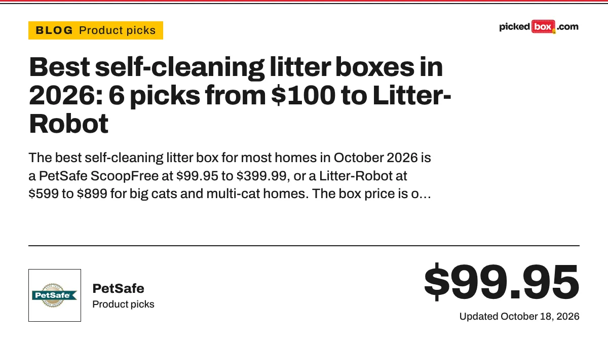 Best self-cleaning litter boxes in 2026: 6 picks from $100 to Litter-Robot. PetSafe savings plate, updated October 18, 2026.