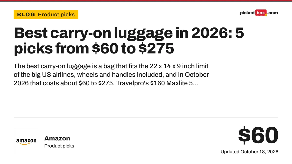Best carry-on luggage in 2026: 5 picks from $60 to $275. Amazon savings plate, updated October 18, 2026.