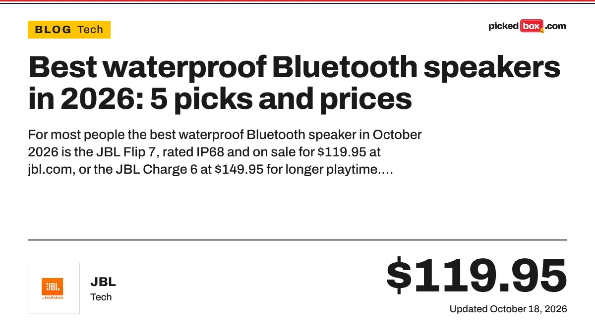 Best waterproof Bluetooth speakers in 2026: 5 picks and prices. JBL savings plate, updated October 18, 2026.
