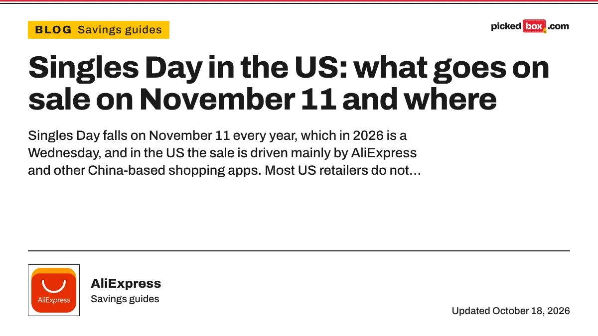 Singles Day in the US: what goes on sale on November 11 and where. AliExpress savings plate, updated October 18, 2026.